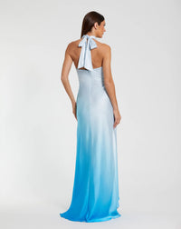 Charmeuse Tie Halter Neck Ombre Gown - Blue