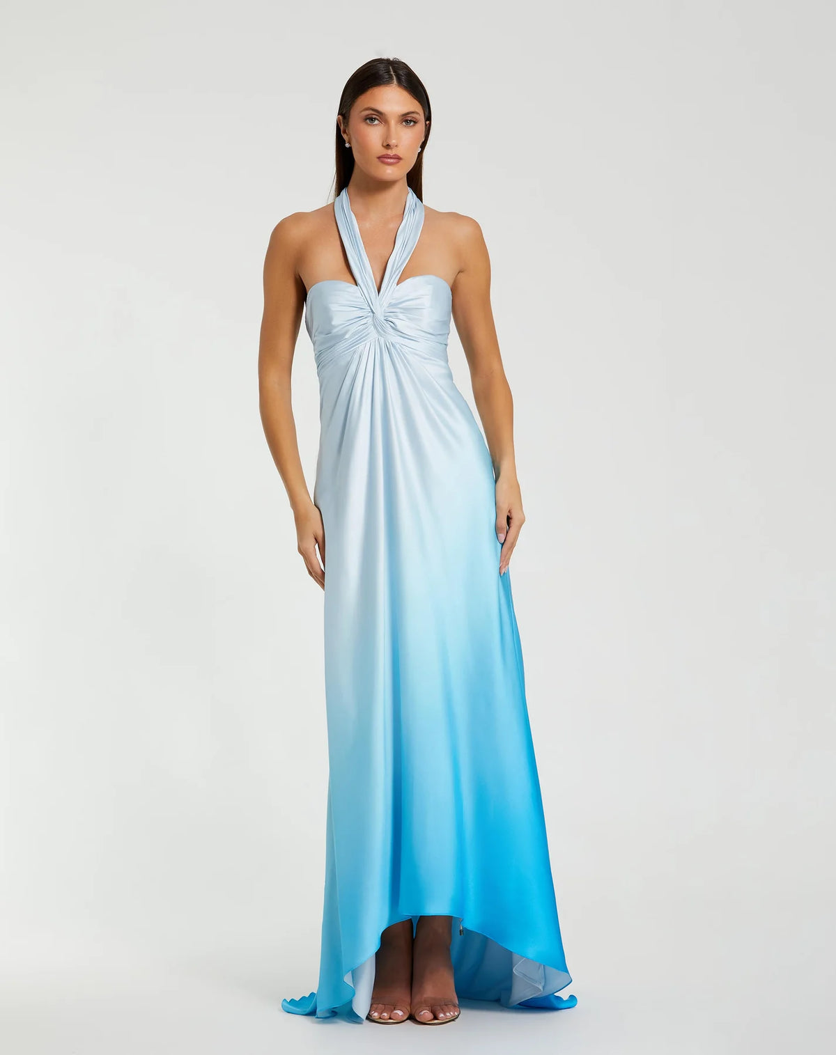 Mac Duggal Blue Charmeuse Tie Halter Neck Ombre Gown #68501