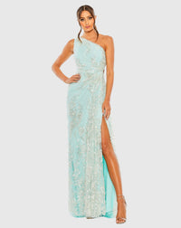 Mac Duggal Style #68507 One shoulder side cut out embellished gown - Mint 