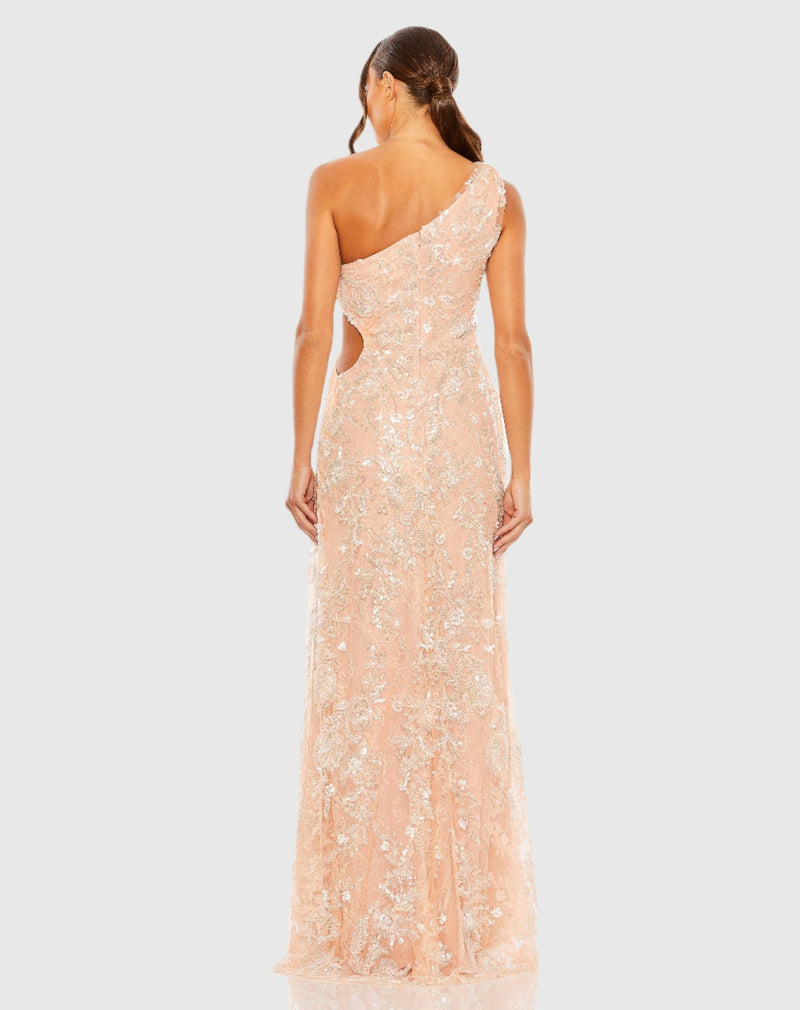 One shoulder side cut out embellished gown - Peach