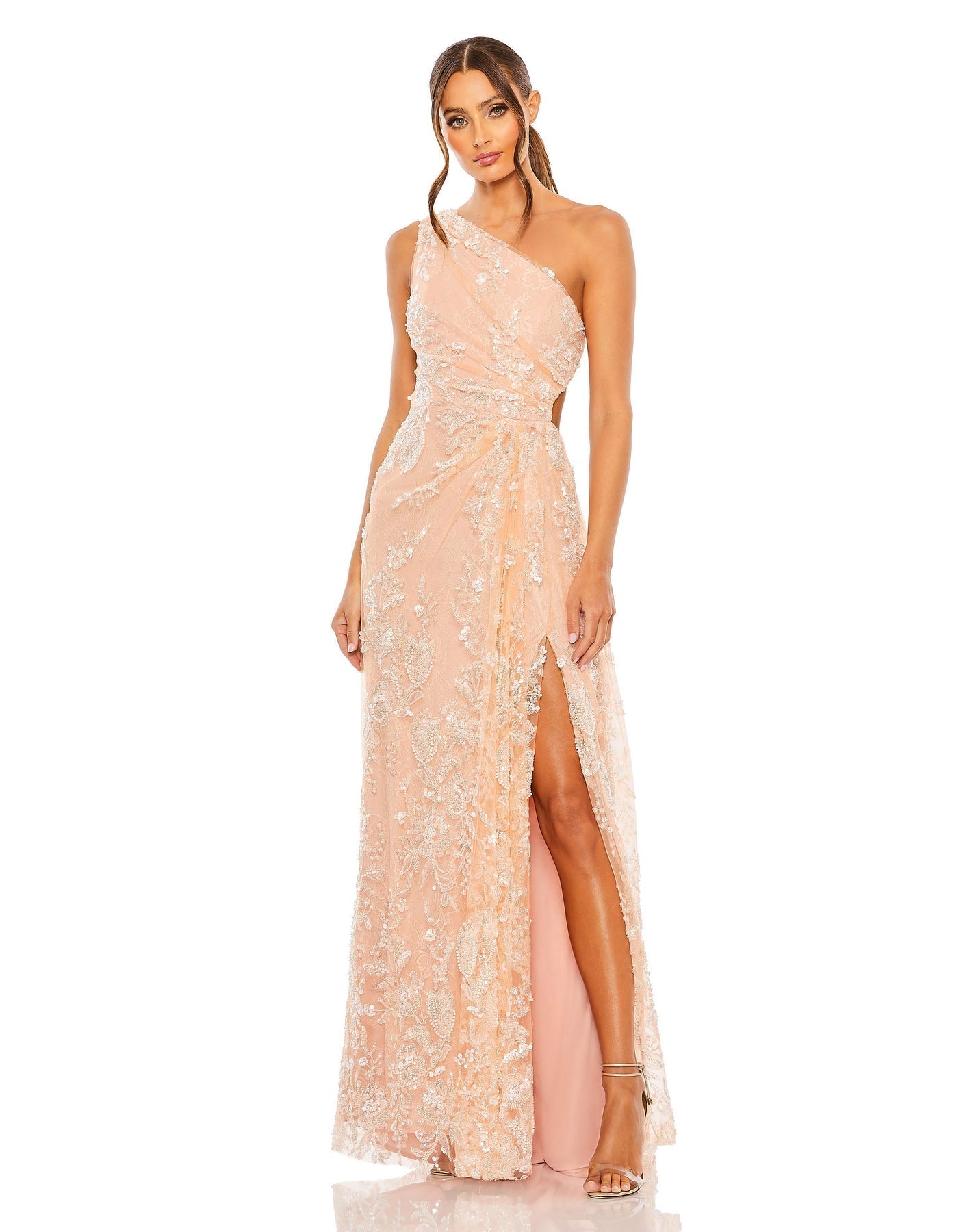 Mac Duggal One shoulder side cut out embellished gown Peach