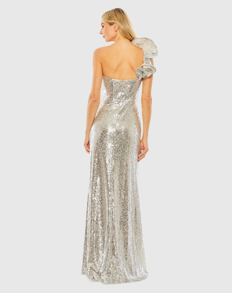 Sequin ruffled one shoulder gown - Silver