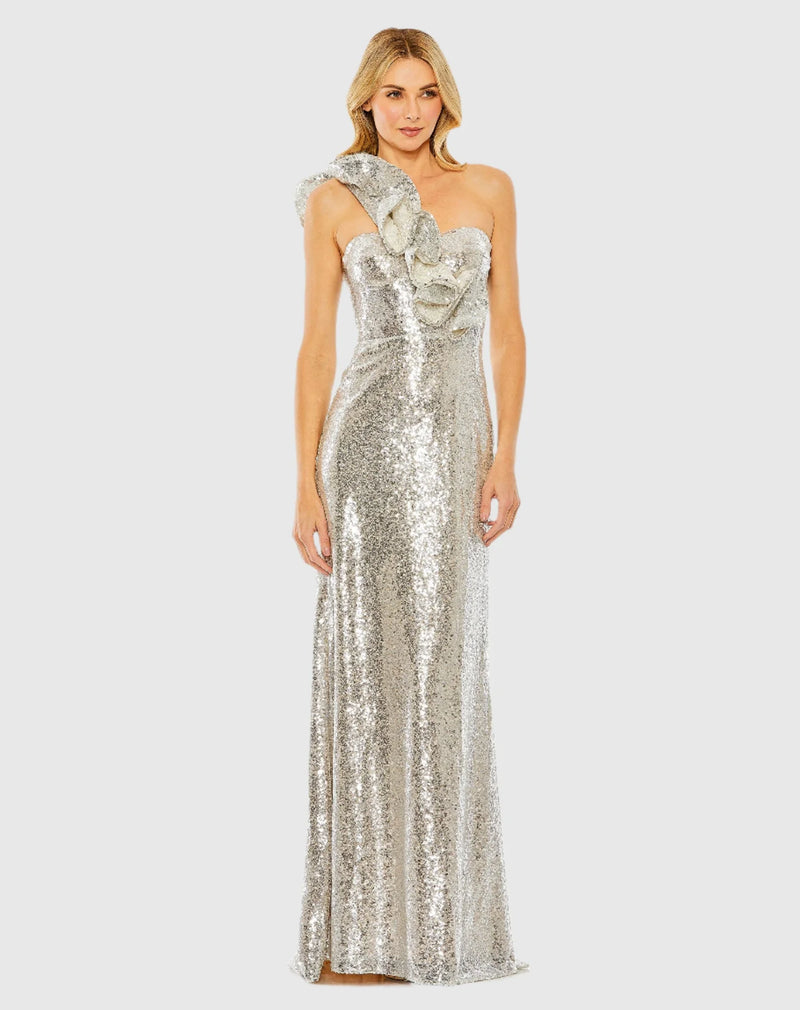 Mac Duggal, Sequin ruffled one shoulder gown, Silver #68513