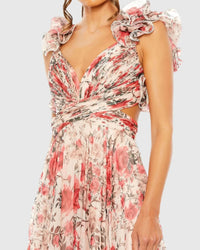 Ruffle Tiered Floral Cut-Out Chiffon Gown - Rose Multi