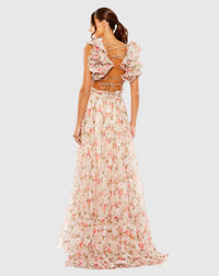 Ruffle tiered cut-out chiffon floral gown - Pink