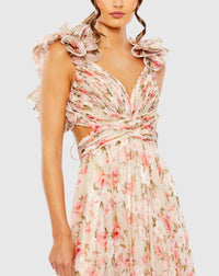 Ruffle tiered cut-out chiffon floral gown - Pink