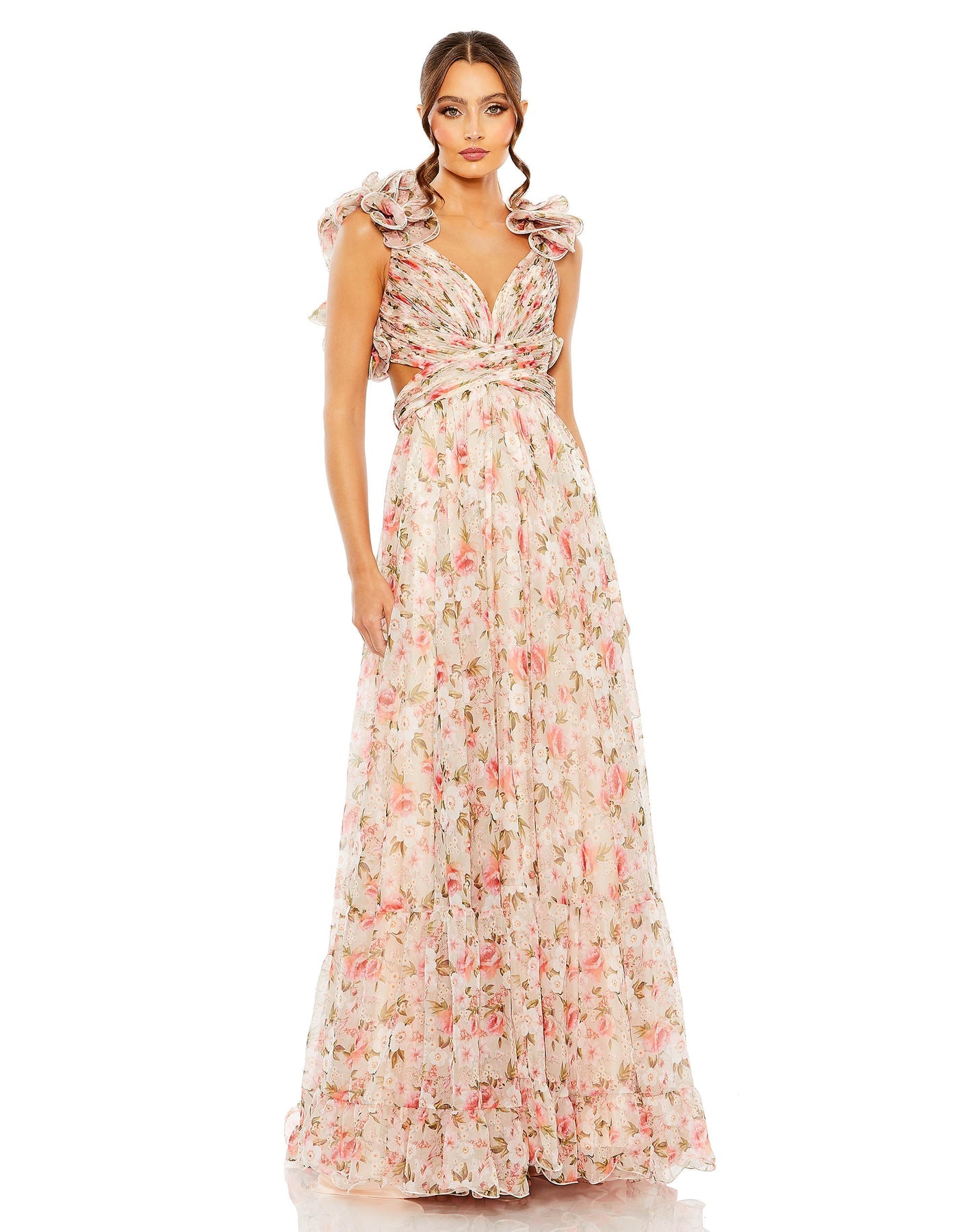 Ruffle tiered cut out chiffon floral gown Pink