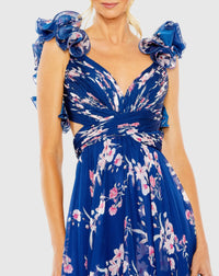 Ruffle tiered floral cut-out chiffon gown - Blue