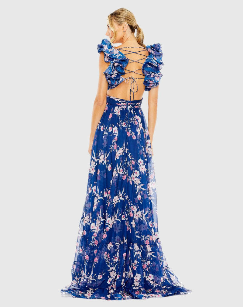 Ruffle tiered floral cut-out chiffon gown - Blue