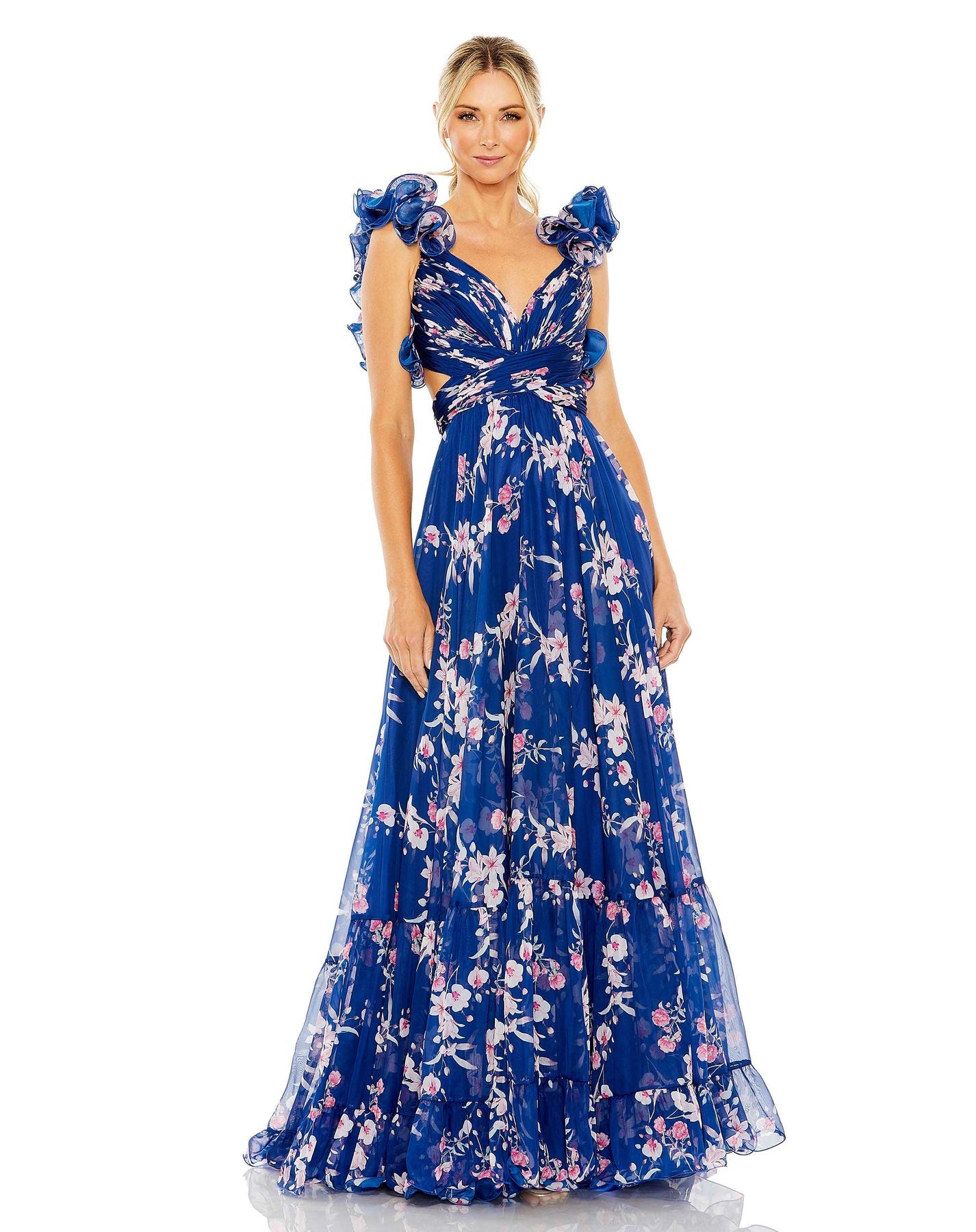 Blue floral best sale evening dress