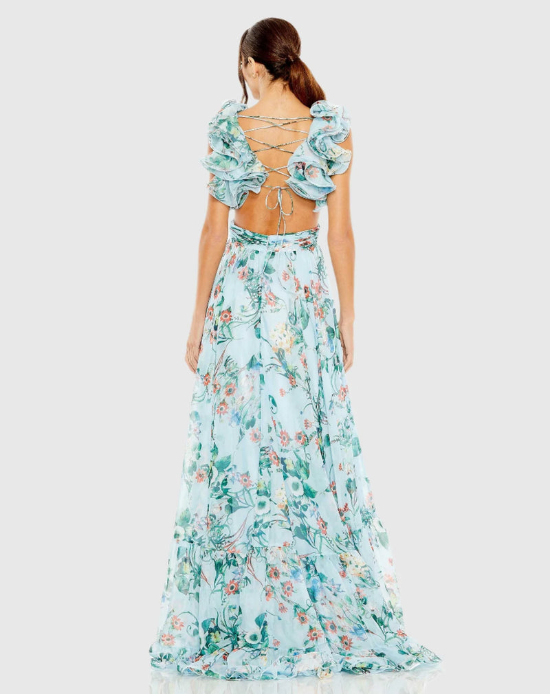 Ruffle tiered floral cut-out chiffon gown - Blue Multi