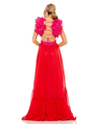 mac duggal dress, wedding guest dress, prom dress, bridesmaids dress, Style 68522 RUFFLE TIERED CUT OUT LACE UP CHIFFON GOWN, red pink back