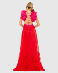 Ruffle tiered cut-out chiffon floral gown - Red Pink