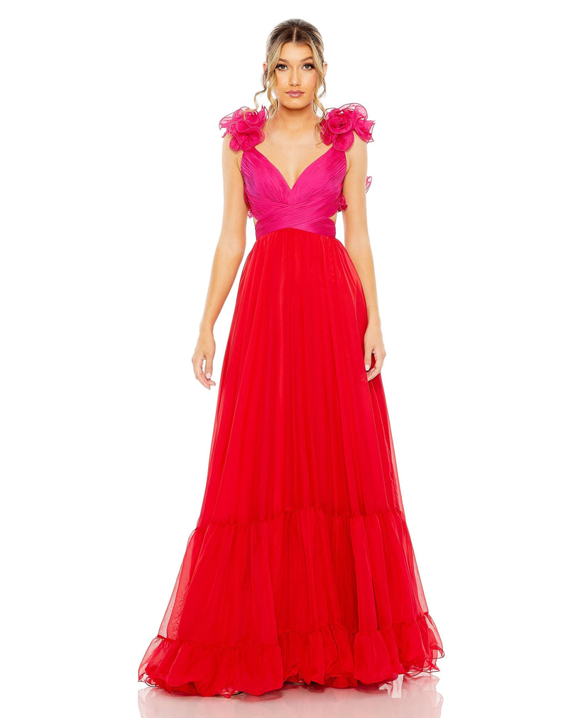 mac duggal dress, wedding guest dress, prom dress, bridesmaids dress, Style 68522 RUFFLE TIERED CUT OUT LACE UP CHIFFON GOWN, red pink