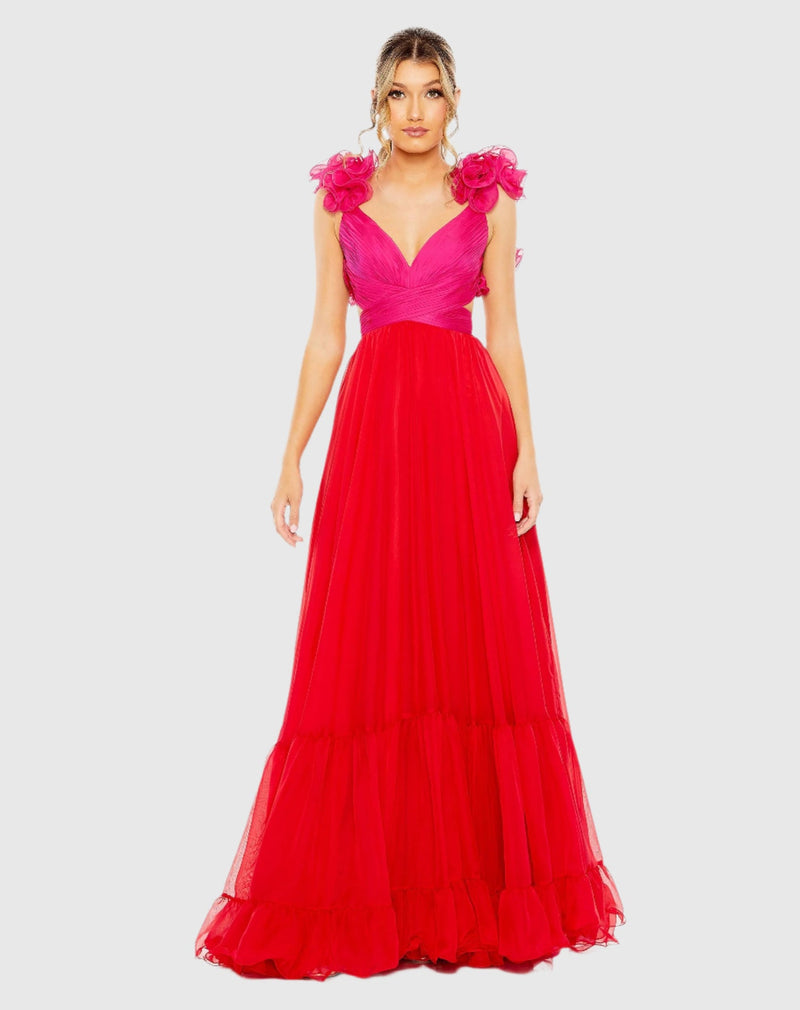 Mac Duggal, Ruffle tiered cut-out chiffon floral gown - Red Pink #68522 