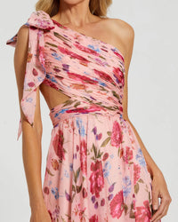 Floral Side Cut Out One Shoulder Gown - Pink