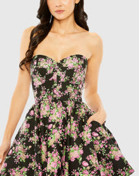 Strapless Brocade Mini Dress - Black