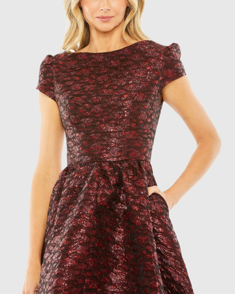 High Neck Brocade Bubble Hem Dress - Ruby