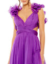 mac duggal, RUFFLE TIERED CUT-OUT CHIFFON HIGH LOW GOWN, Style #68641 purple