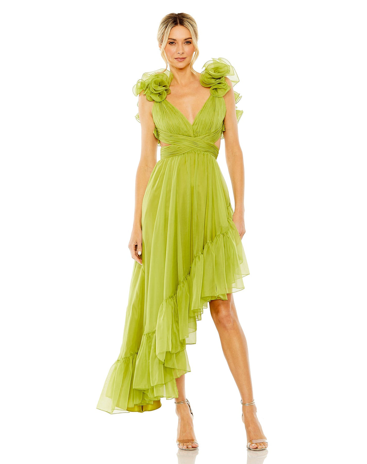 mac duggal, RUFFLE TIERED CUT-OUT CHIFFON HIGH LOW GOWN, Style #68641