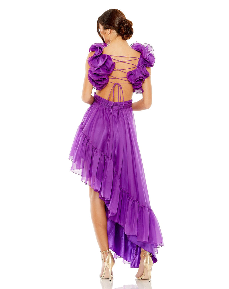 mac duggal, RUFFLE TIERED CUT-OUT CHIFFON HIGH LOW GOWN, Style #68641 purple