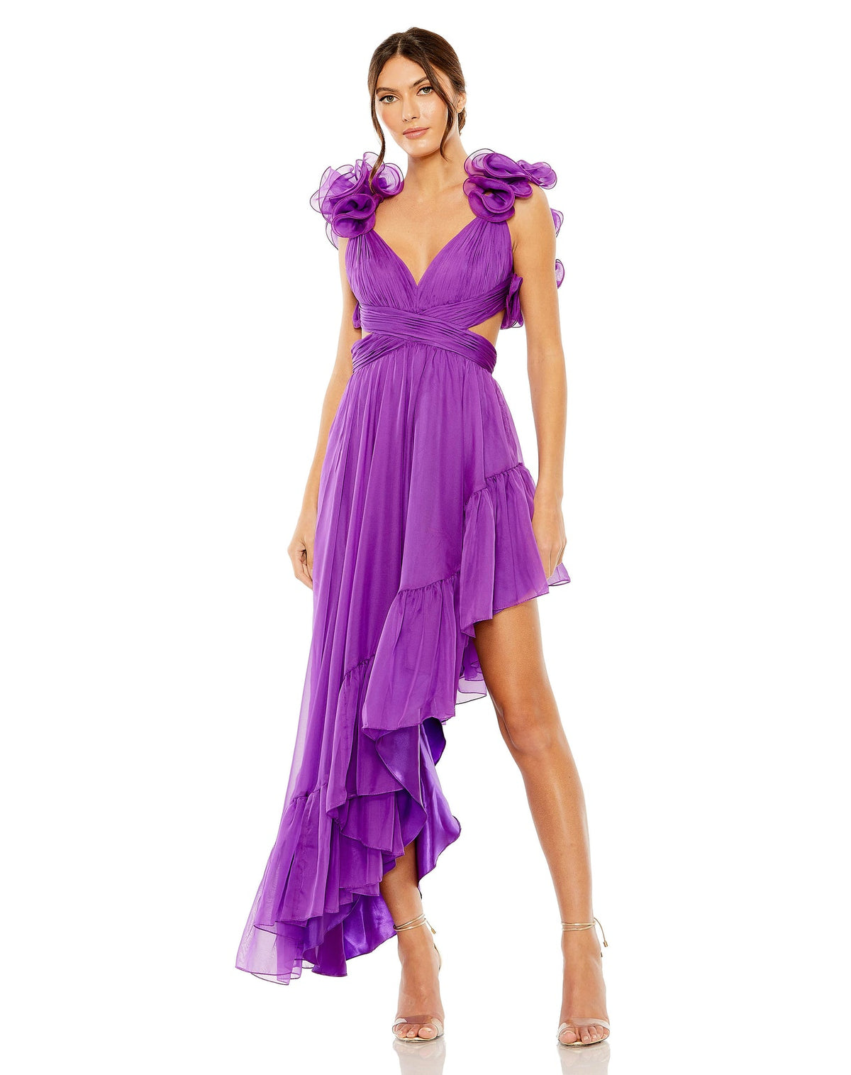 mac duggal, RUFFLE TIERED CUT-OUT CHIFFON HIGH LOW GOWN, Style #68641 purple