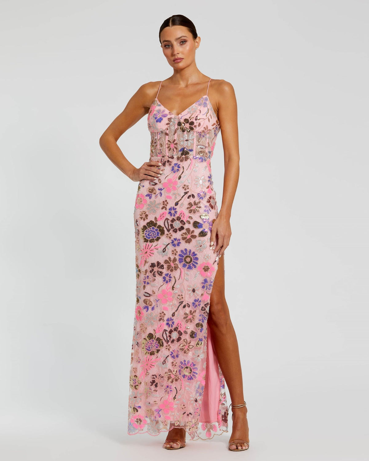 Mac Duggal, #68718 Embellished lace strappy column gown, Pink