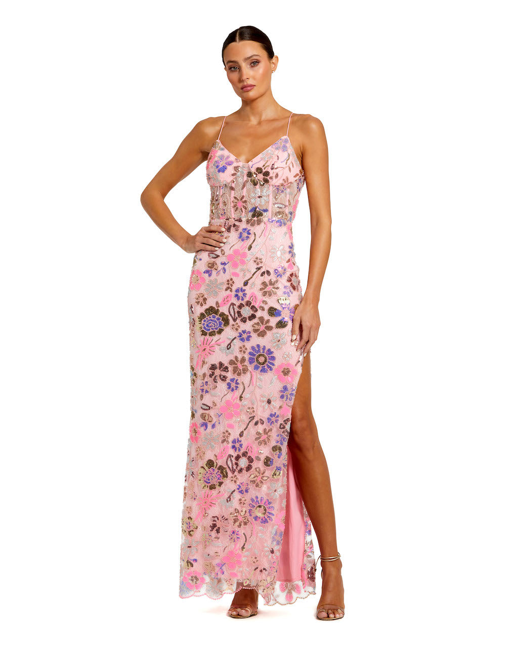 Mac Duggal, #68718 Embellished lace strappy column gown, Pink