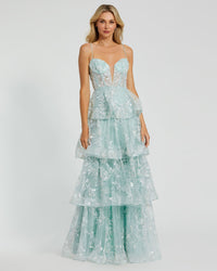 Mac Duggal #68723 Spaghetti Strap Applique Ruffle Gown - Mint