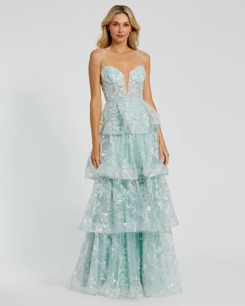 Mac Duggal #68723 Spaghetti Strap Applique Ruffle Gown - Mint