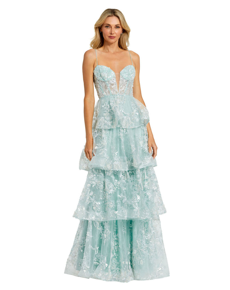 Mac Duggal #68723 Spaghetti Strap Applique Ruffle Gown - Min