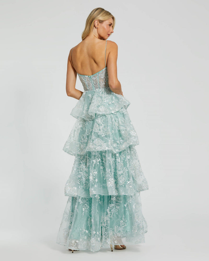 Spaghetti Strap Applique Ruffle Gown - Mint