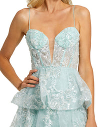 Spaghetti Strap Applique Ruffle Gown - Mint