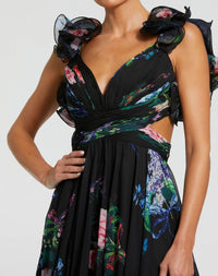 Ruffle Tiered Floral Cut-Out Chiffon Gown - Black