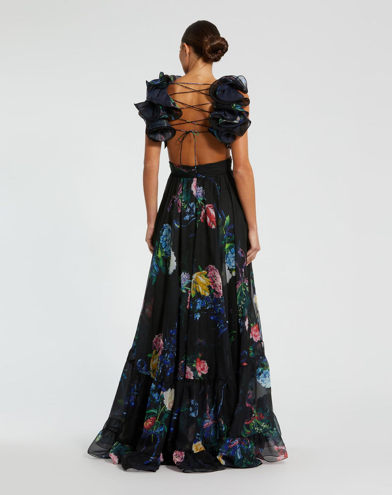 Ruffle Tiered Floral Cut-Out Chiffon Gown - Black