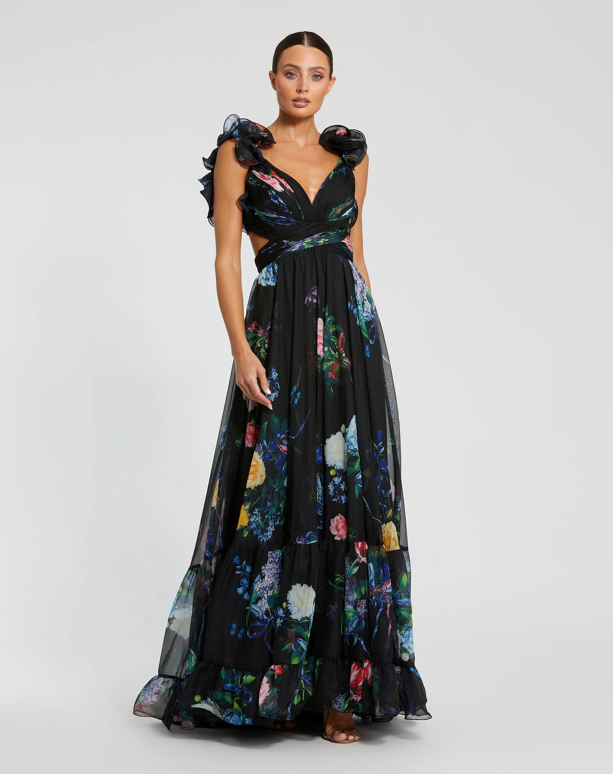 Mac Duggal Ruffle Tiered Floral Cut-Out Chiffon Gown Black