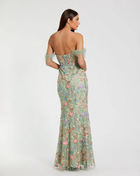 Off The Shoulder Bustier Embroidered Net Gown - Green