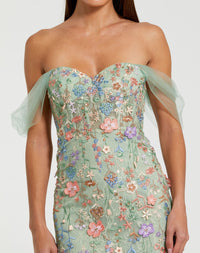 Off The Shoulder Bustier Embroidered Net Gown - Green