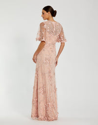 Flutter Sleeve Floral Embroidered Net Gown - Rose