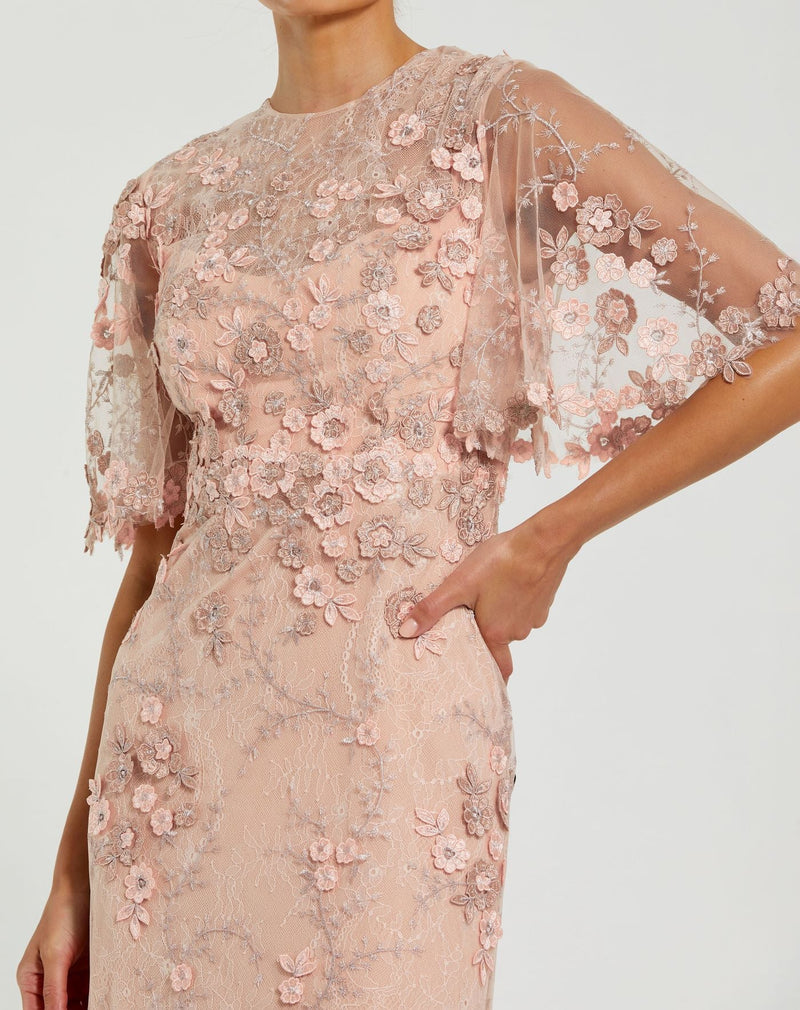 Flutter Sleeve Floral Embroidered Net Gown - Rose