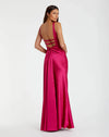 Pink Sleeveless V Neck Satin Gown With Bow Details - Raspberry