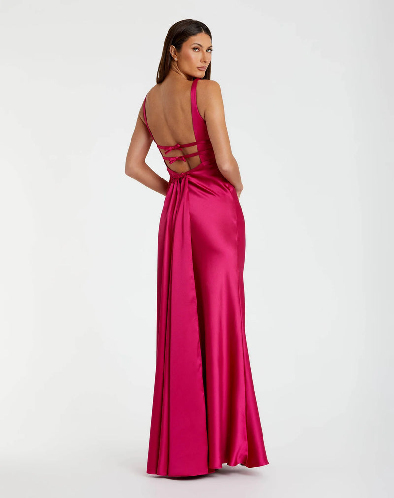 Pink Sleeveless V Neck Satin Gown With Bow Details - Raspberry