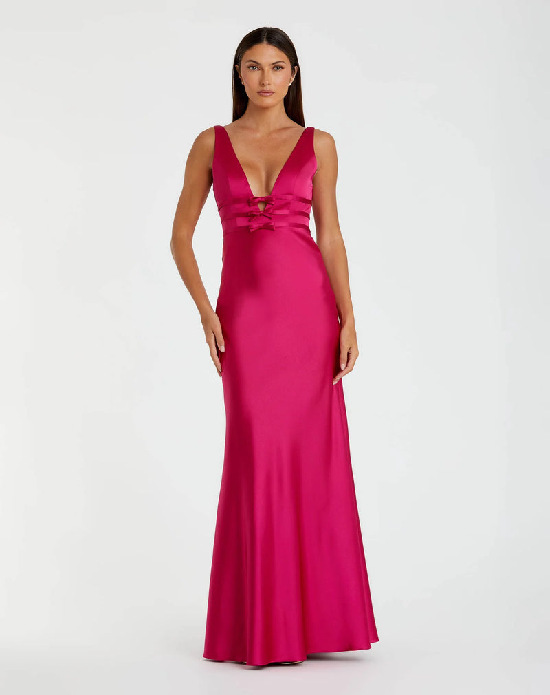 Mac Duggal, Pink Sleeveless V Neck Satin Gown With Bow Details #68855 Raspberry