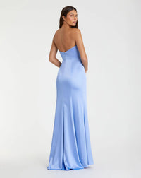 Strapless Satin Column Gown With 3D Flower - Ice Blue