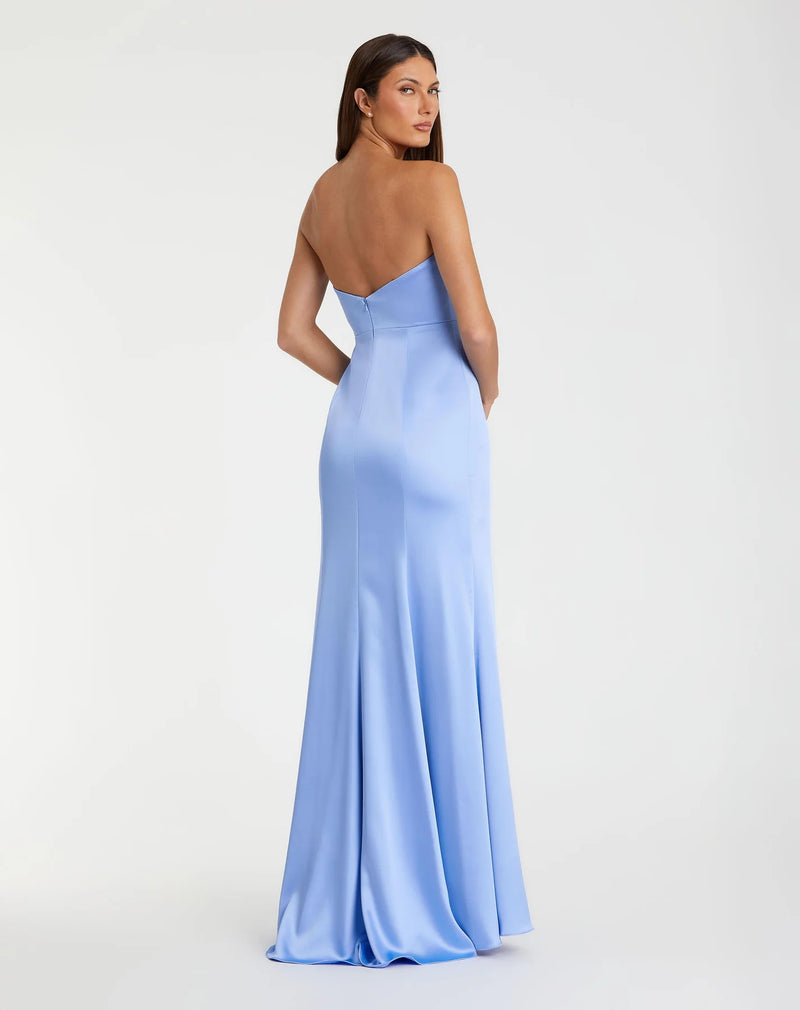 Strapless Satin Column Gown With 3D Flower - Ice Blue