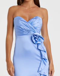 Strapless Satin Column Gown With 3D Flower - Ice Blue