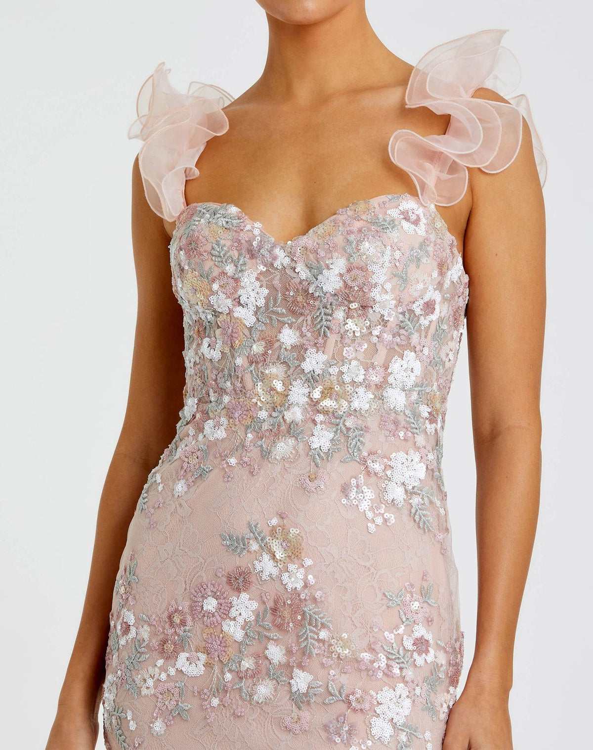 Floral Embroidered Bustier Gown With Ruffle Straps - Pastel Floral