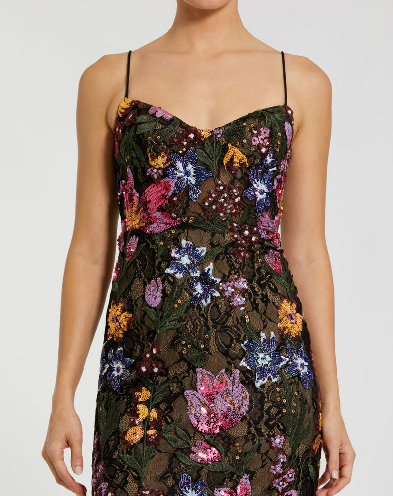 Black Spaghetti Strap Floral Embroidered Gown - Black