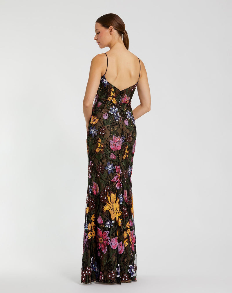 Black Spaghetti Strap Floral Embroidered Gown - Black