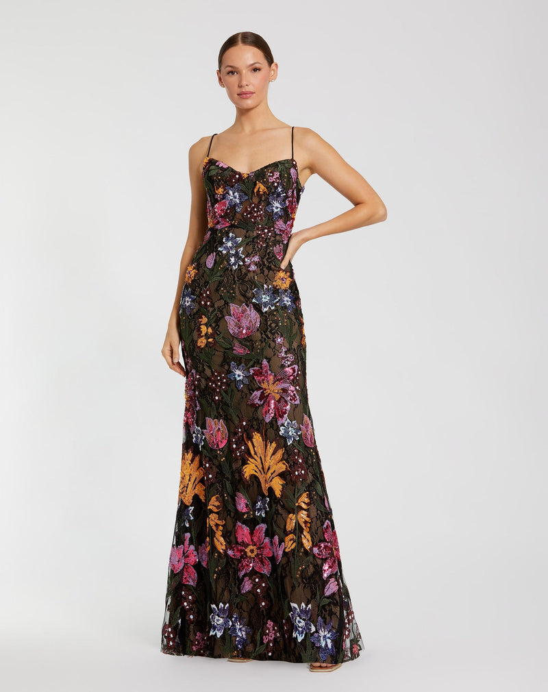 Mac Duggal, #68885 Black Spaghetti Strap Floral Embroidered Gown Black